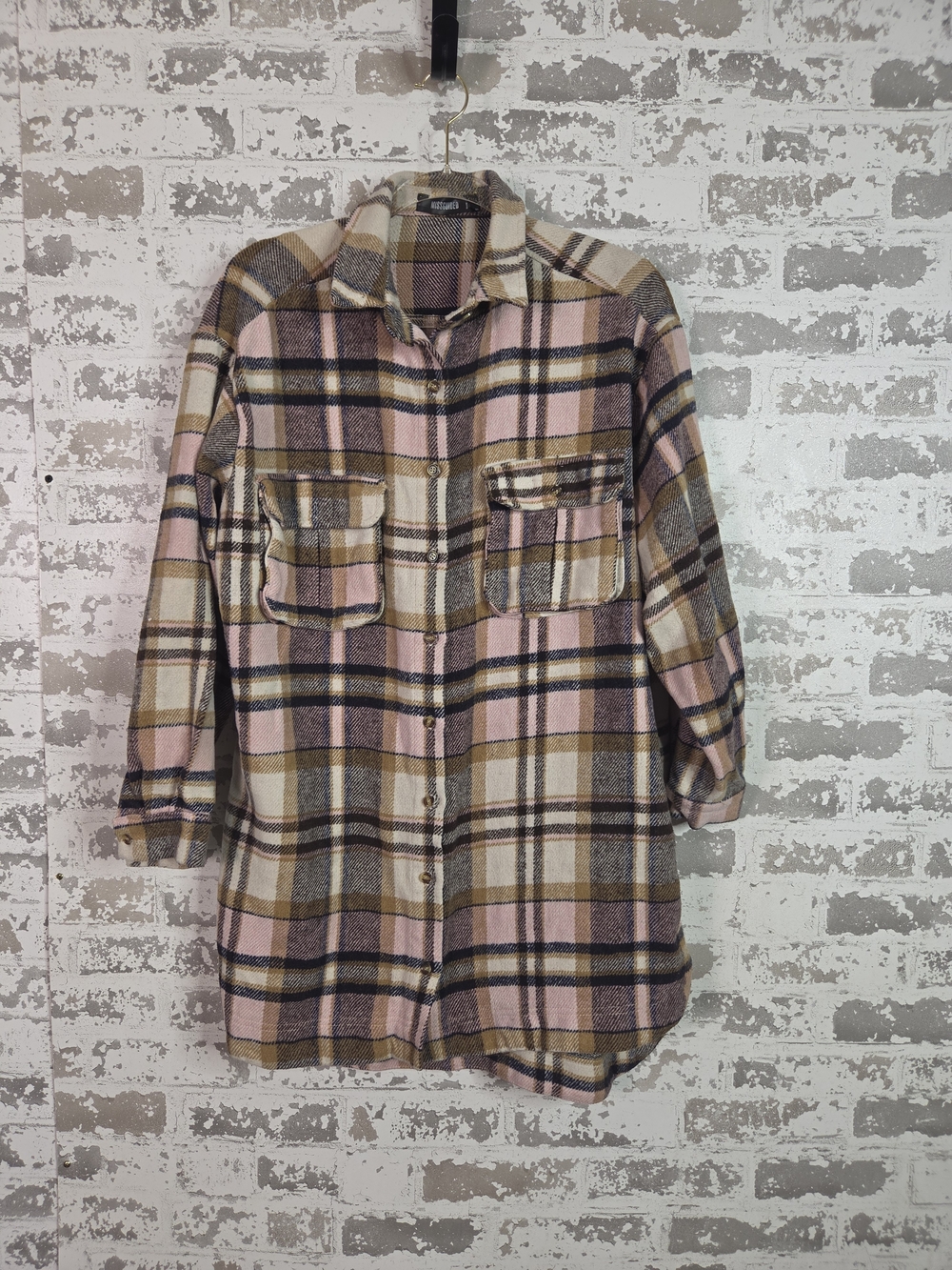 Pink Brown Plaid Button-Up Shirt Jacket Size 8